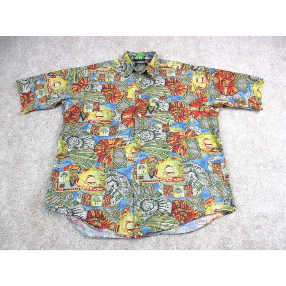 VINTAGE Nautica Shirt Mens Large Multicolor Hawaiian Graphic Print Button Up 90s